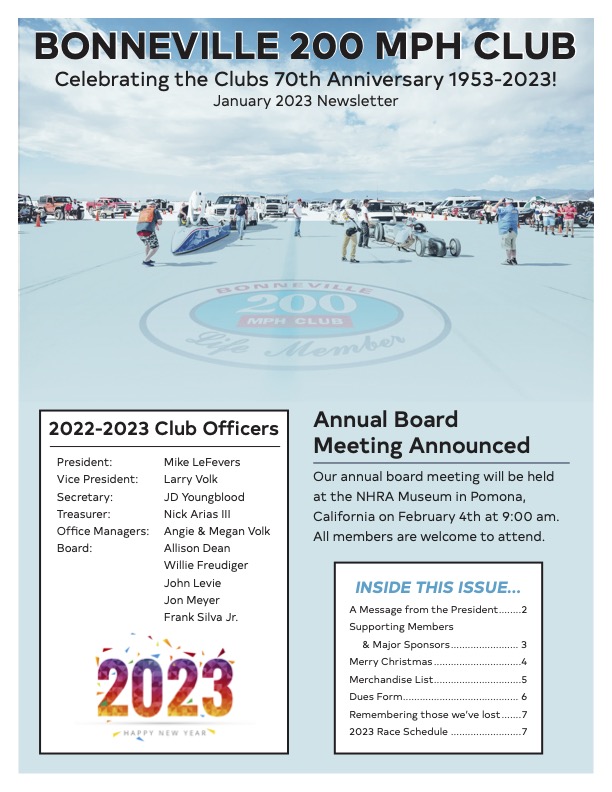 Bonneville 200MPH Club Newsletter (January 2023)